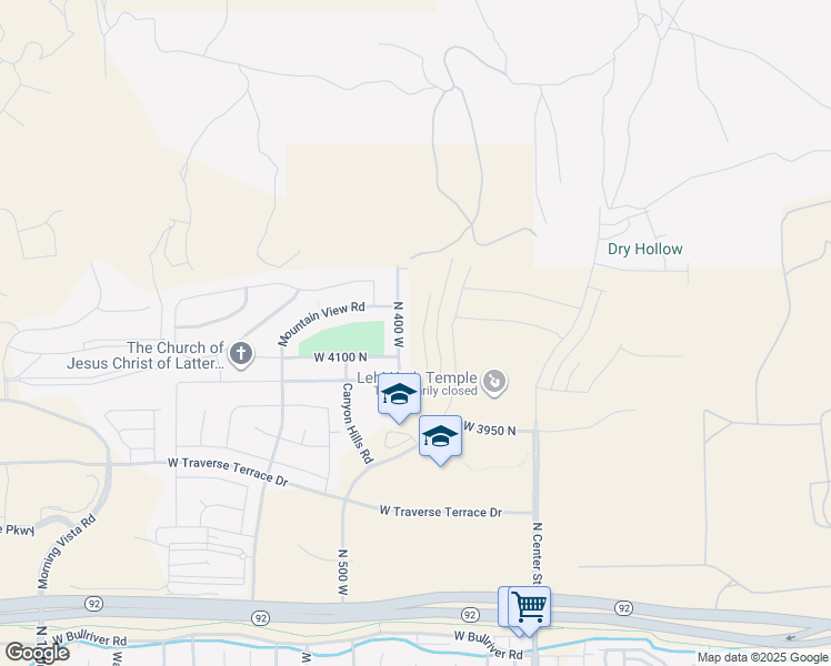 map of restaurants, bars, coffee shops, grocery stores, and more near 4275 Braiken Ridge Drive in Lehi