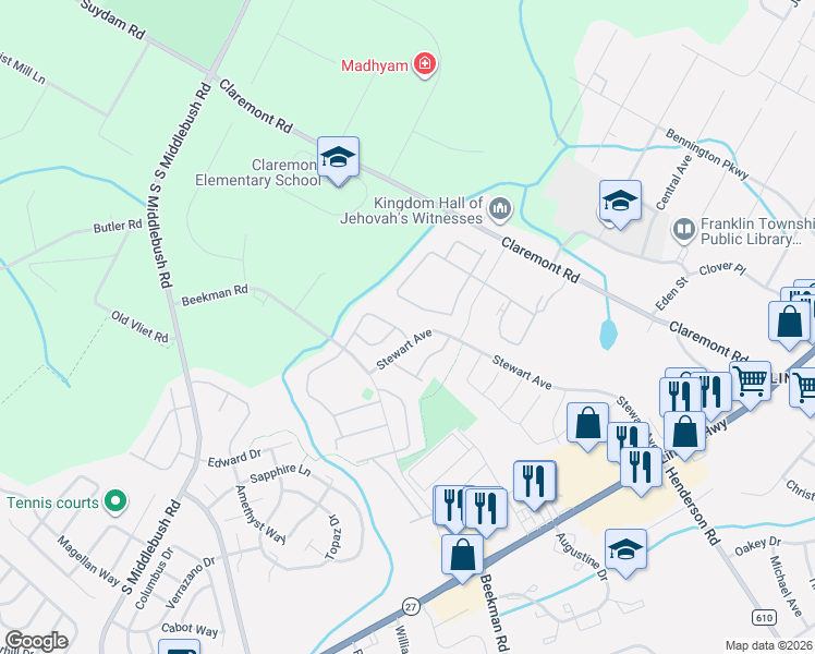map of restaurants, bars, coffee shops, grocery stores, and more near 91 Chelsea Court in Franklin Township