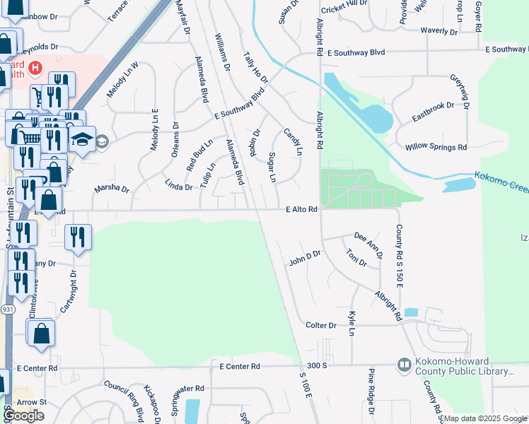 map of restaurants, bars, coffee shops, grocery stores, and more near 1505 East Alto Road in Kokomo
