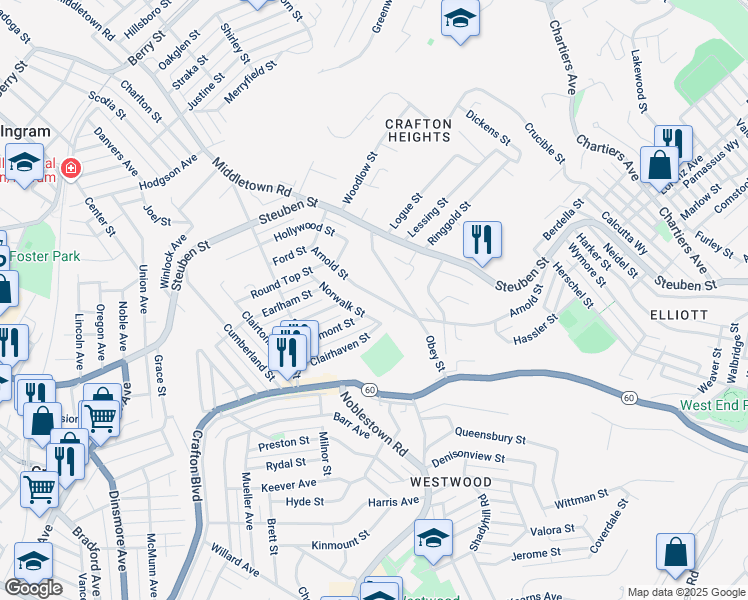map of restaurants, bars, coffee shops, grocery stores, and more near 210 Clairhaven Street in Pittsburgh