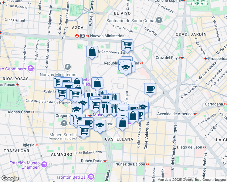 map of restaurants, bars, coffee shops, grocery stores, and more near 21 Calle del Pinar in Madrid