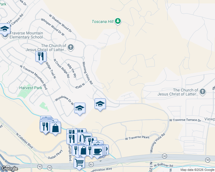 map of restaurants, bars, coffee shops, grocery stores, and more near 4293 North Cortona Lane in Lehi
