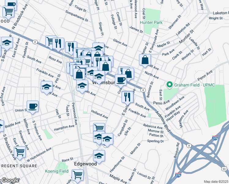 map of restaurants, bars, coffee shops, grocery stores, and more near 925 Franklin Avenue in Pittsburgh