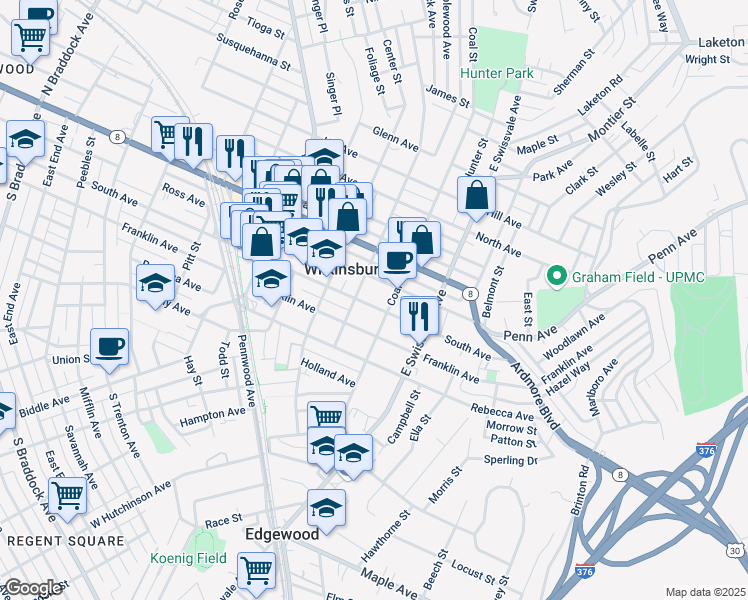 map of restaurants, bars, coffee shops, grocery stores, and more near 925 Franklin Avenue in Pittsburgh