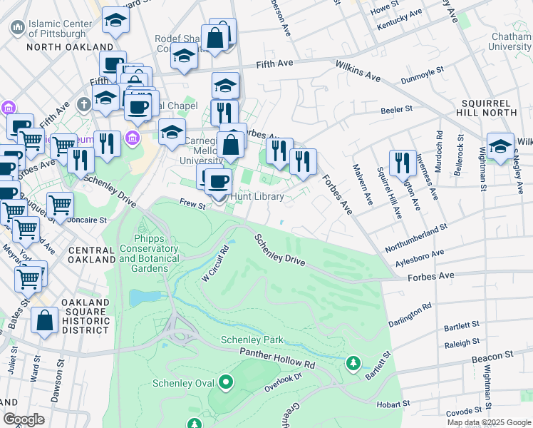 map of restaurants, bars, coffee shops, grocery stores, and more near 5023 Frew Street in Pittsburgh