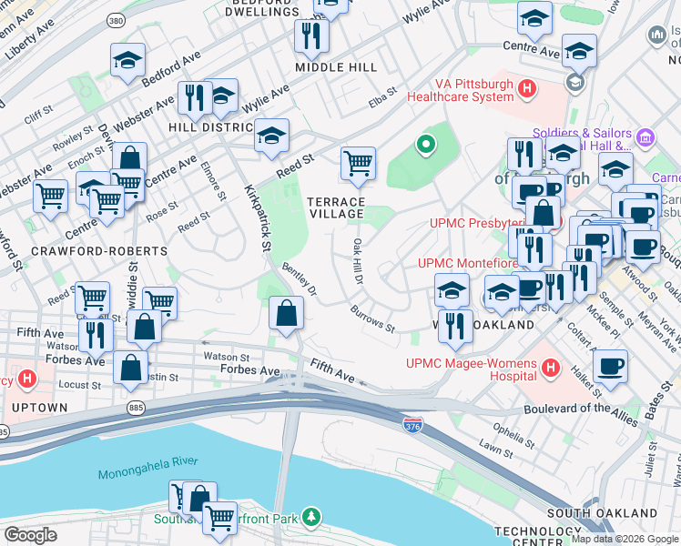 map of restaurants, bars, coffee shops, grocery stores, and more near 309 Burrows Street in Pittsburgh