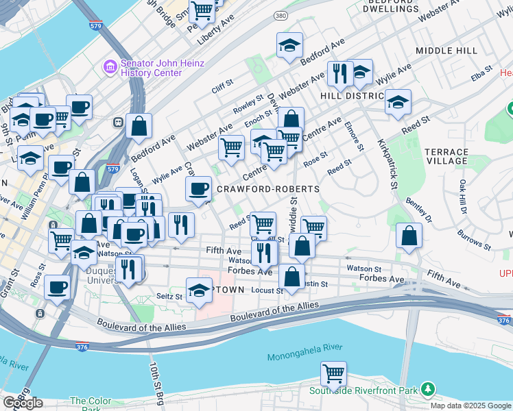 map of restaurants, bars, coffee shops, grocery stores, and more near in Pittsburgh