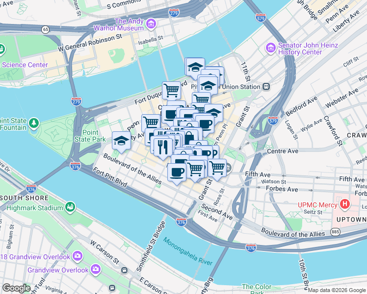 map of restaurants, bars, coffee shops, grocery stores, and more near 342 Fifth Avenue in Pittsburgh