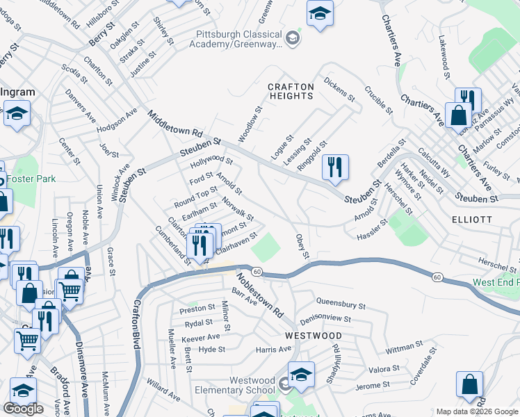 map of restaurants, bars, coffee shops, grocery stores, and more near 210 Clairhaven Street in Pittsburgh