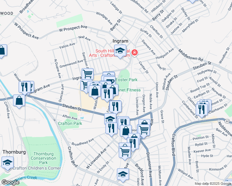 map of restaurants, bars, coffee shops, grocery stores, and more near 40 Foster Avenue in Crafton