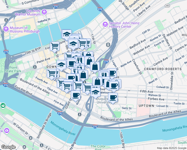 map of restaurants, bars, coffee shops, grocery stores, and more near 1 Bigelow Square in Pittsburgh
