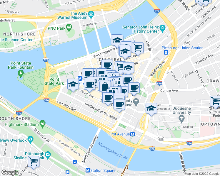 map of restaurants, bars, coffee shops, grocery stores, and more near 342 Fifth Avenue in Pittsburgh