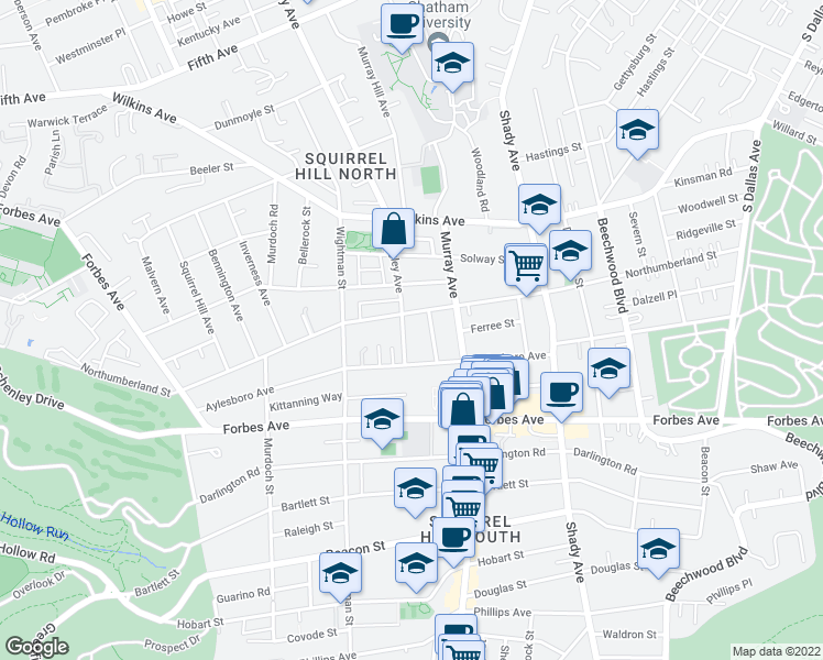 map of restaurants, bars, coffee shops, grocery stores, and more near 1515 South Negley Avenue in Pittsburgh