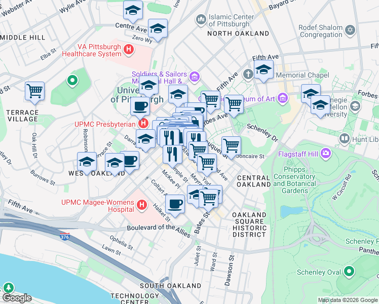 map of restaurants, bars, coffee shops, grocery stores, and more near 220 Meyran Avenue in Pittsburgh