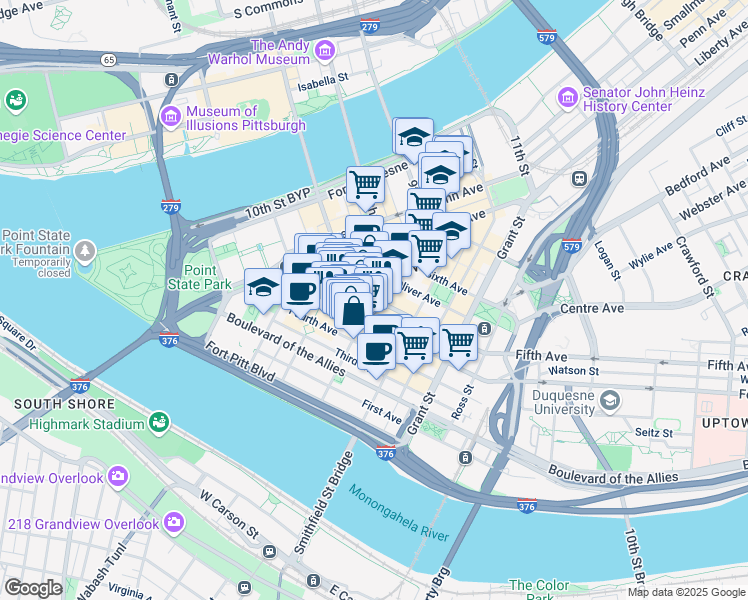 map of restaurants, bars, coffee shops, grocery stores, and more near 300 Fifth Avenue in Pittsburgh