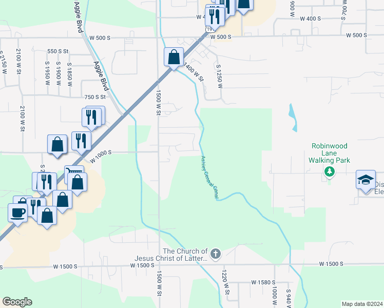 map of restaurants, bars, coffee shops, grocery stores, and more near 1353 West 1000 South in Vernal