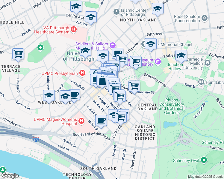 map of restaurants, bars, coffee shops, grocery stores, and more near Sennott Street in Pittsburgh