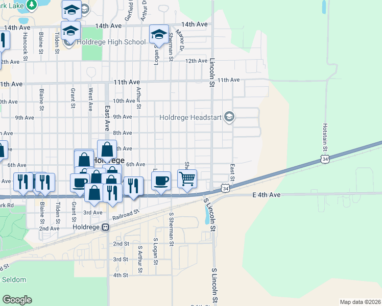 map of restaurants, bars, coffee shops, grocery stores, and more near 1300-1330 6th Avenue in Holdrege