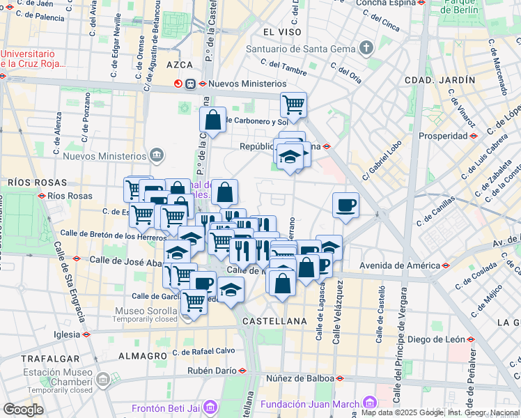 map of restaurants, bars, coffee shops, grocery stores, and more near 21 Calle del Pinar in Madrid