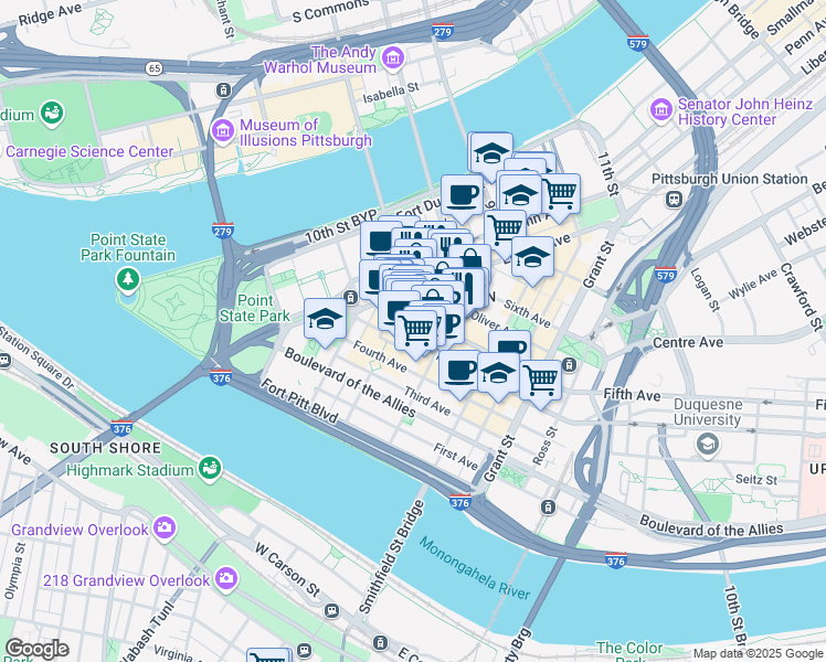 map of restaurants, bars, coffee shops, grocery stores, and more near in Pittsburgh
