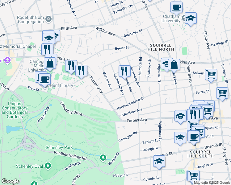 map of restaurants, bars, coffee shops, grocery stores, and more near 1344 Squirrel Hill Avenue in Pittsburgh