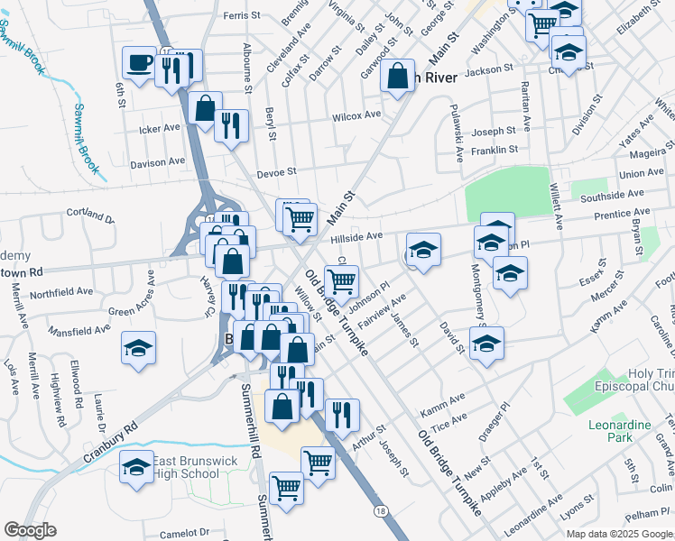 map of restaurants, bars, coffee shops, grocery stores, and more near 15 Clark Street in South River