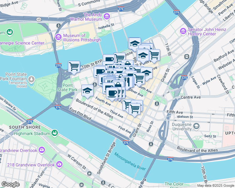 map of restaurants, bars, coffee shops, grocery stores, and more near in Pittsburgh