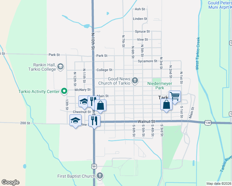 map of restaurants, bars, coffee shops, grocery stores, and more near 800 Broad Street in Tarkio