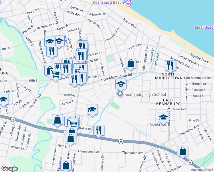 map of restaurants, bars, coffee shops, grocery stores, and more near 110 Port Monmouth Road in Keansburg