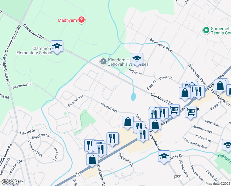 map of restaurants, bars, coffee shops, grocery stores, and more near 94 Crabapple Lane in Franklin Township