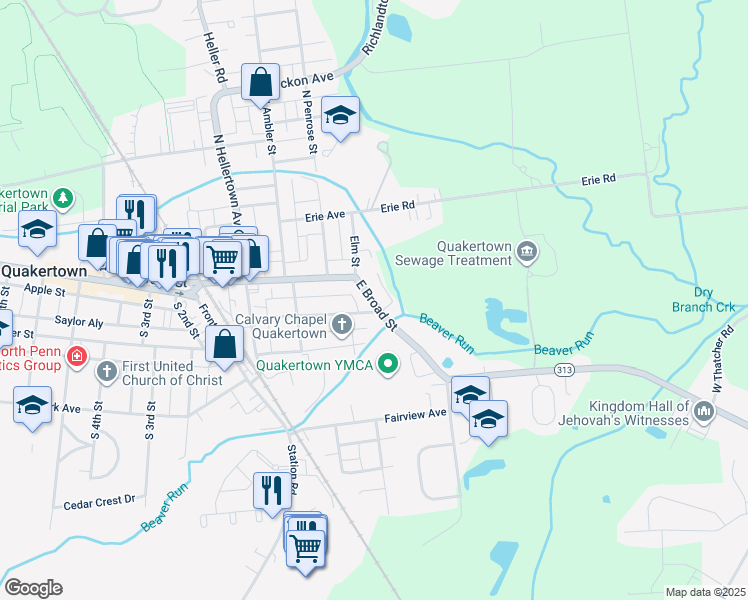 map of restaurants, bars, coffee shops, grocery stores, and more near 449 East Broad Street in Quakertown