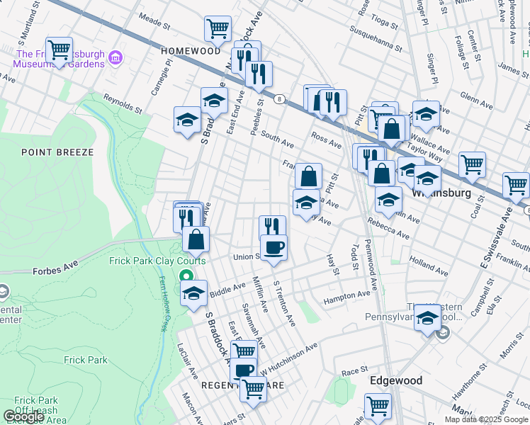 map of restaurants, bars, coffee shops, grocery stores, and more near in Wilkinsburg