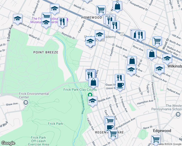 map of restaurants, bars, coffee shops, grocery stores, and more near 541 South Braddock Avenue in Pittsburgh