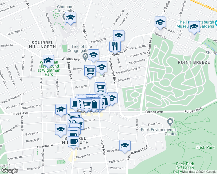 map of restaurants, bars, coffee shops, grocery stores, and more near 1516 Denniston Street in Pittsburgh