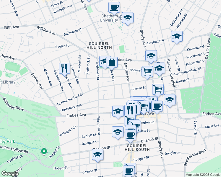 map of restaurants, bars, coffee shops, grocery stores, and more near 5649 Northumberland Street in Pittsburgh