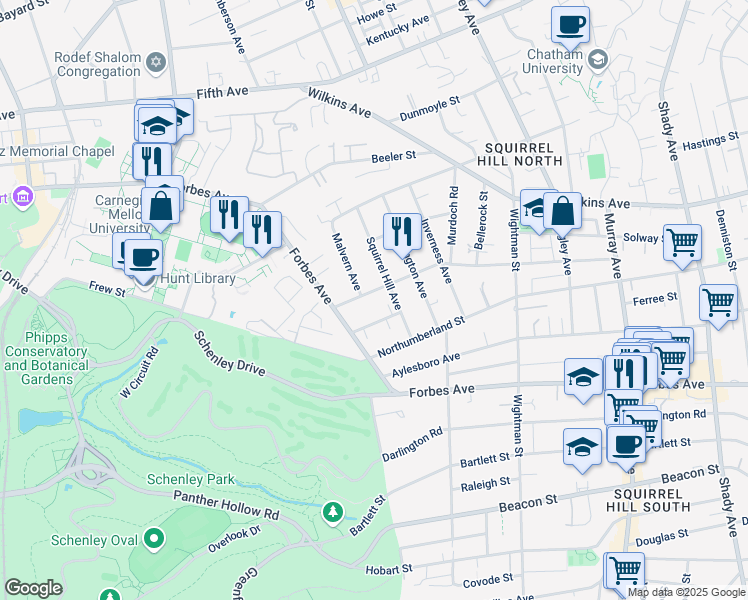map of restaurants, bars, coffee shops, grocery stores, and more near 1344 Squirrel Hill Avenue in Pittsburgh