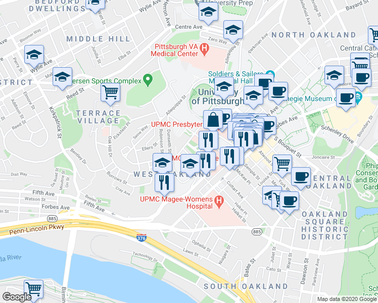 map of restaurants, bars, coffee shops, grocery stores, and more near 16 Buffalo Street in Pittsburgh