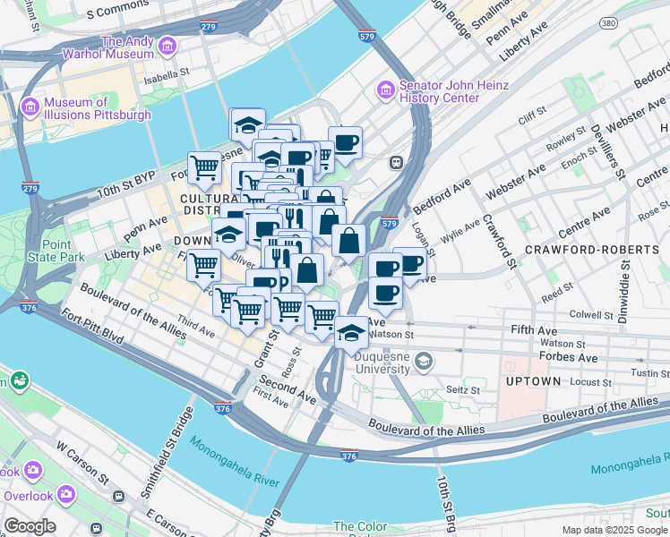 map of restaurants, bars, coffee shops, grocery stores, and more near in Pittsburgh
