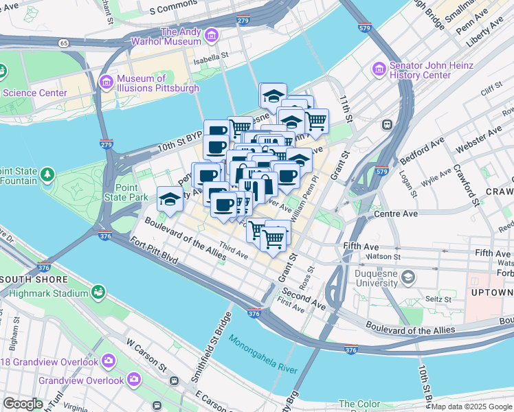 map of restaurants, bars, coffee shops, grocery stores, and more near 300 Sixth Avenue in Pittsburgh