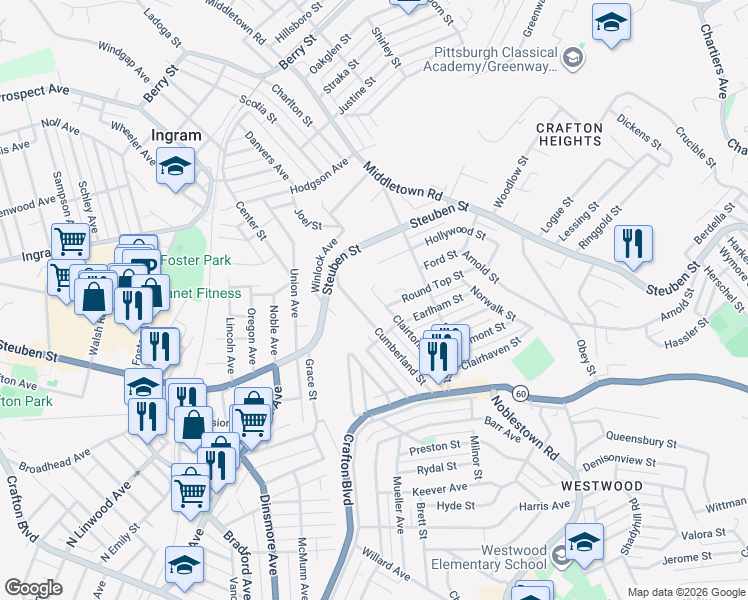 map of restaurants, bars, coffee shops, grocery stores, and more near 1325 Hollywood Street in Pittsburgh