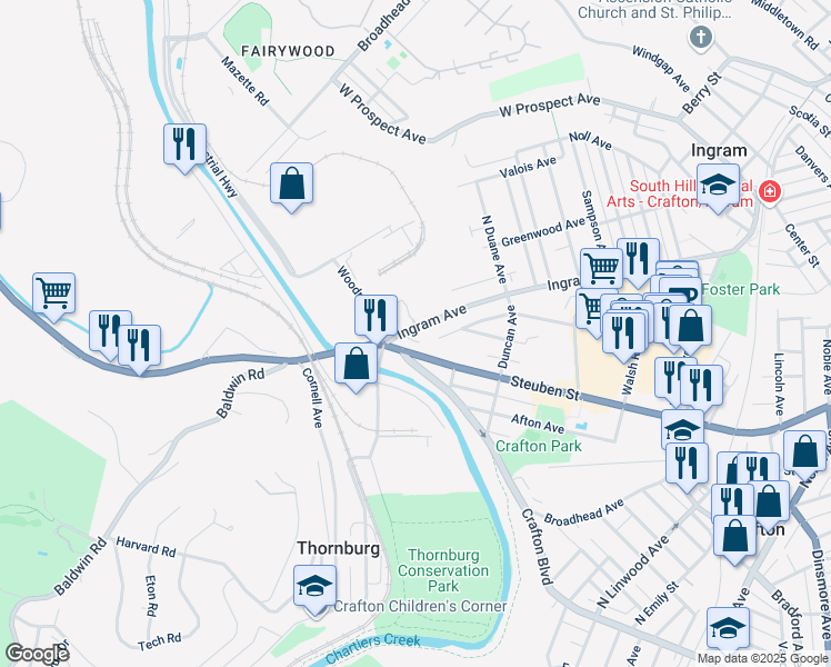 map of restaurants, bars, coffee shops, grocery stores, and more near 15 Ingram Avenue in Pittsburgh
