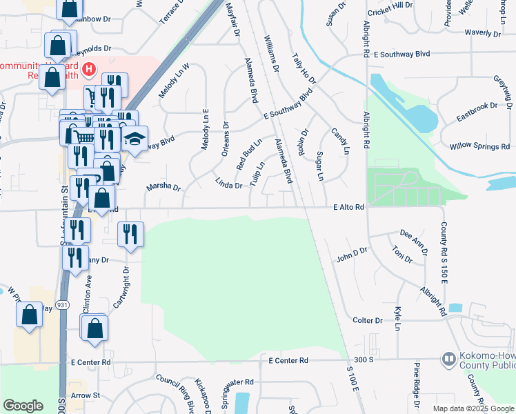 map of restaurants, bars, coffee shops, grocery stores, and more near 3912 Tulip Lane in Kokomo