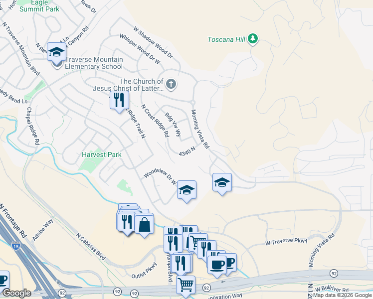 map of restaurants, bars, coffee shops, grocery stores, and more near 1876 West Crest Ridge Road in Lehi