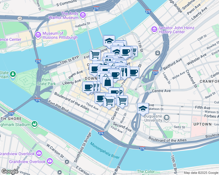 map of restaurants, bars, coffee shops, grocery stores, and more near in Pittsburgh