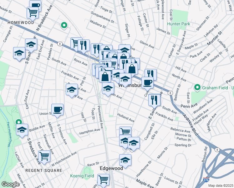map of restaurants, bars, coffee shops, grocery stores, and more near in Wilkinsburg