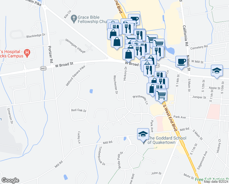 map of restaurants, bars, coffee shops, grocery stores, and more near 76 Winchester Drive in Quakertown