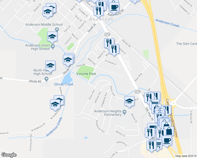 map of restaurants, bars, coffee shops, grocery stores, and more near 1576 Pinon Avenue in Anderson