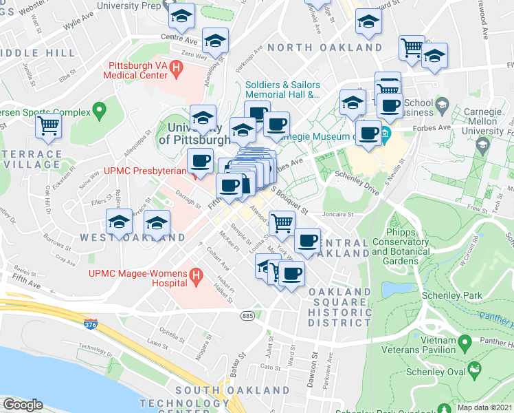 map of restaurants, bars, coffee shops, grocery stores, and more near 217 Atwood Street in Pittsburgh