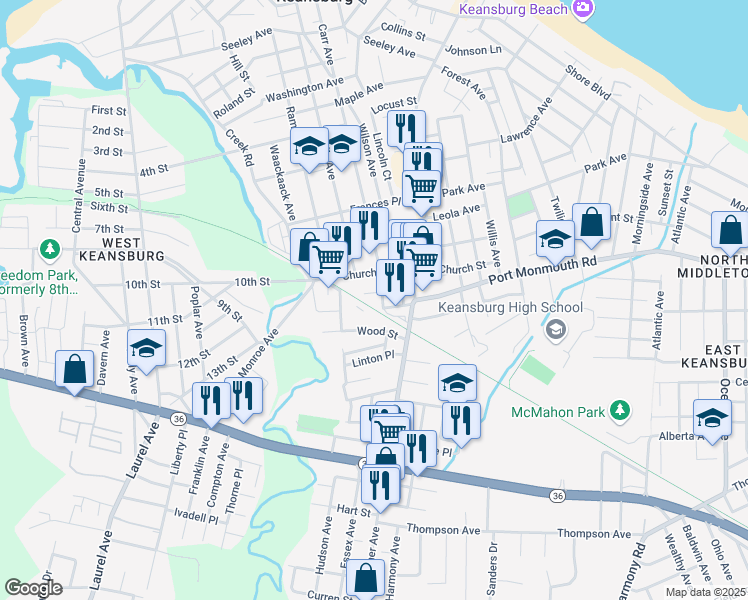map of restaurants, bars, coffee shops, grocery stores, and more near 32 Church Street in Keansburg