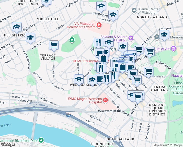map of restaurants, bars, coffee shops, grocery stores, and more near 16 Buffalo Street in Pittsburgh